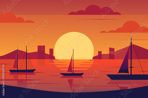 Sailboats on the water during a vibrant sunset with city skyline