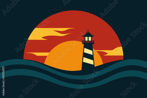 Stylized lighthouse silhouette against a dramatic sunset over wavy ocean