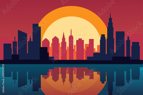 Modern city skyline silhouette at sunset with water reflection