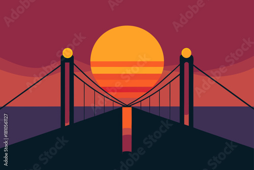 Stylized golden gate bridge at sunset with vibrant orange sun