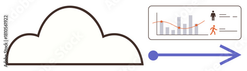 Cloud icon linked to dashboard with graphs, trends, and user activity via an arrow. Ideal for data sharing, cloud computing, analytics, workflow, technology business secure data. Simple flat