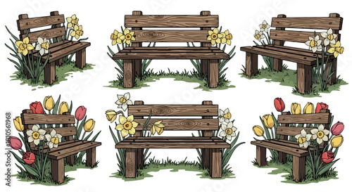 Wooden benches with spring flowers for outdoor scenes