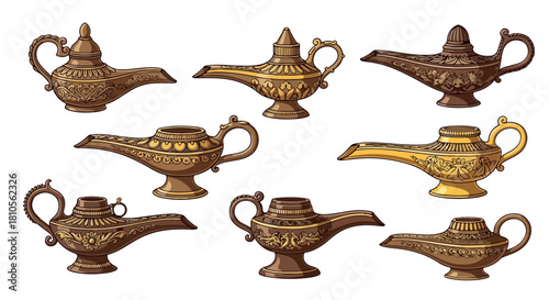 Antique genie lamps collection with transparent background