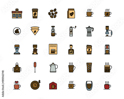 Coffee And Equipment Coffee Shop Icon  line color Logo Design Simple Set For Using In Website Graphics Report Logo Infographics, Best Quality Symbol Collection Icon Vector Illustration