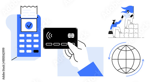 Hand holding a contactless card near a payment terminal, two people collaborating on stacked blocks, globe with arrows. Ideal for finance, teamwork, global trade, technology, innovation, strategy