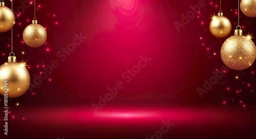 Metallic gold ornaments float on crimson gradient creating elegant Christmas copyspace