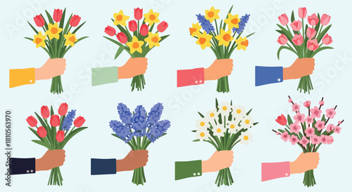 Hands holding spring flower bouquets colorful floral arrangement
