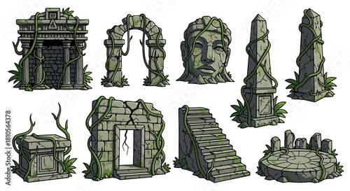 Ancient ruins set with overgrown stone structures