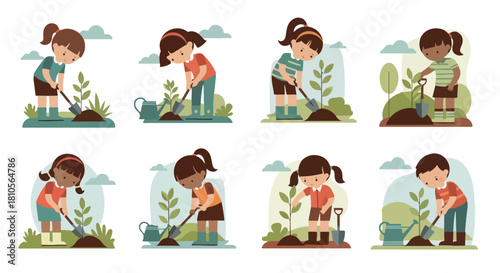 Children planting trees outdoors in a garden setting