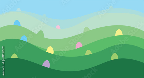 Rolling green hills with colorful eggs springtime landscape