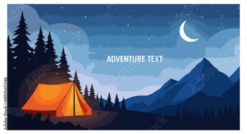 Night-time camping banner with a glowing tent beside a pine forest, starry sky and moon in soft gradient blues, stylized mountains in background