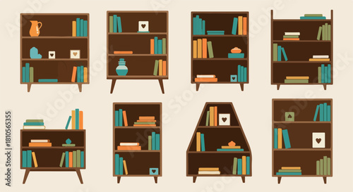 Wooden bookshelves with books and decorative items