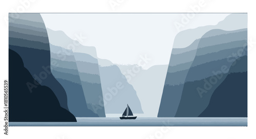 Adventure banner illustrating a scenic fjord with a small boat sailing between tall cliffs