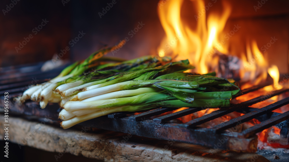 Fototapeta premium Calçots tradicionales listos para ser braseados con fuego, aroma ahumado y esencia gastronómica catalana
