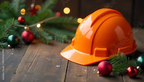 orange construction helmet and christmas ornaments decorating a wooden table with a pine tree celebrating the holiday season amidst a bokeh of festive lights banner, created with generative ai