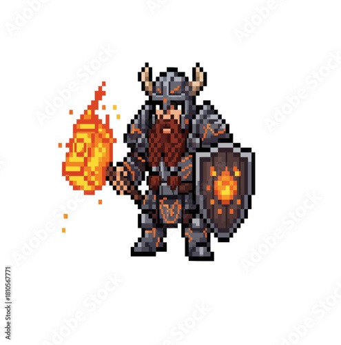 pixel art dwarven guardian wielding blazing emberforge hammer