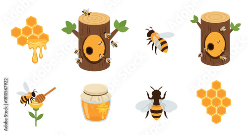 Bees honeycomb tree and honey jar collection