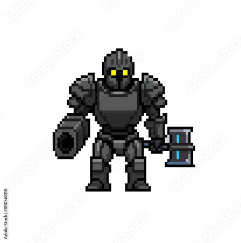 pixel art iron sentinel guarding fortified kingdom entrance