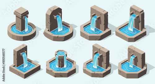 Stone waterfalls with pools isometric set