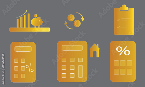 Financial planning and investment icons in gold, representing growth, savings, and mortgage options for securing a prosperous future with smart decisions