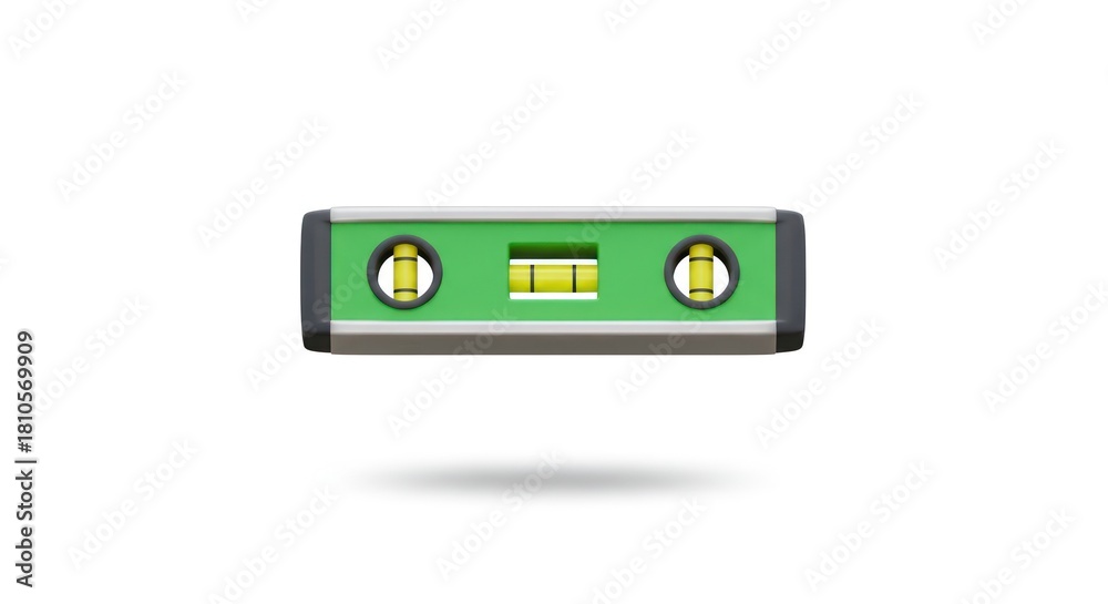 Fototapeta premium Green spirit level tool floating on a white background.