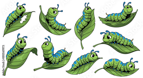 Cartoon caterpillars eating leaves in various poses