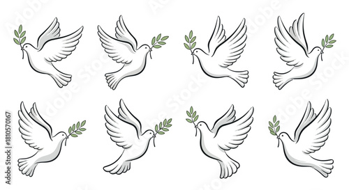 Doves with olive branches, set of eight