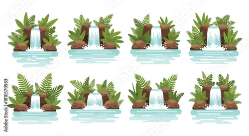 Waterfall scenes with lush foliage and rocks