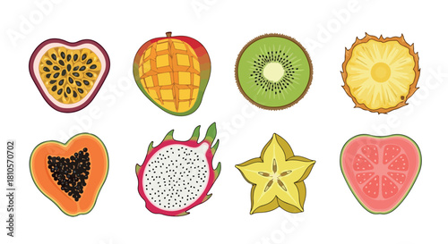 Sliced tropical fruits assortment with transparent background