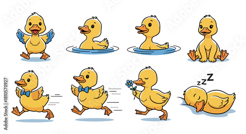 Yellow duckling poses and actions with transparent background