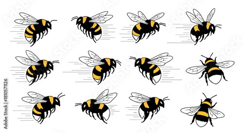 Flying bees in motion with transparent background