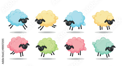 Colorful jumping sheep characters with transparent background