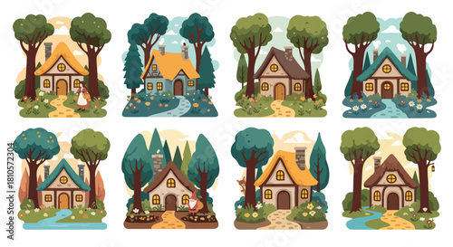 Cozy cottages in forests with flowers and trees