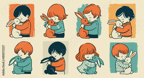 Children hugging rabbits, comforting moments, friendship