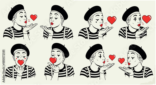 Mime artist sending hearts, various poses