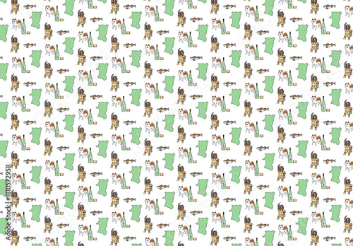 黒背景にナマハゲや秋田犬や日本酒やハタハタや秋田県の地図を散りばめた郷土色豊かなシームレスパターン｜秋田の文化や名物を組み合わせた装飾的デザインとして背景や壁紙に使いやすい構成