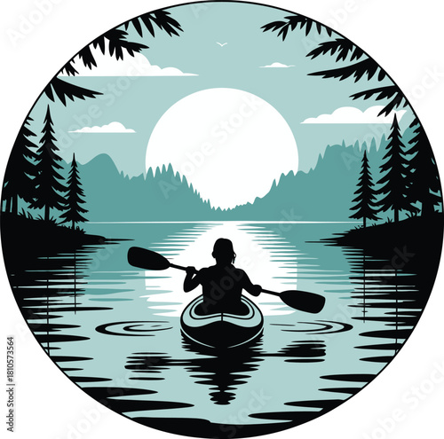 Kayaking adventure silhouette in lake surrounded by trees and mountains landscape
