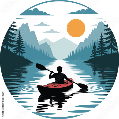 Kayaking excursion vector silhouette in lake among mountains trees for adventures