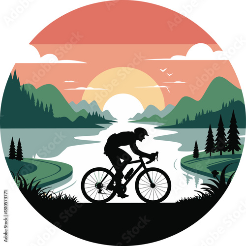 Silhouette illustration of person riding bicycle with trees against evening sunset