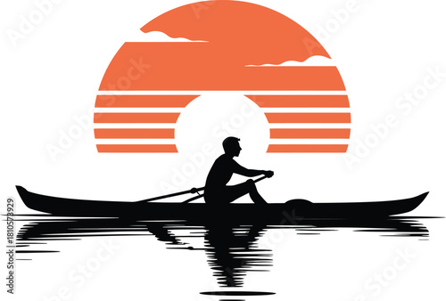 Silhouette rowing boat in lake at sunset illustration with horizon reflection vector