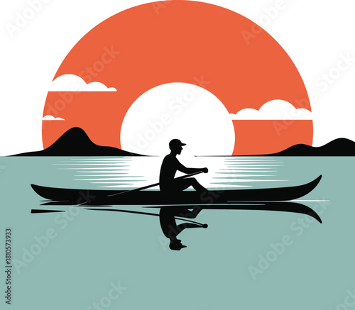 Silhouette rowing boat in lake at sunset cloud and mountain vector illustration