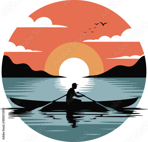 Silhouette rowing boat in lake at sunset with birds and mountain vector illustration