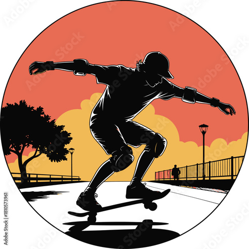 Skateboarder Silhouette Doing Trick in Skate Park at Sunset with Orange Sky