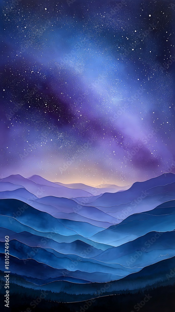 Fototapeta premium Night Sky with Stars Over Blue Mountain Range Digital Artwork