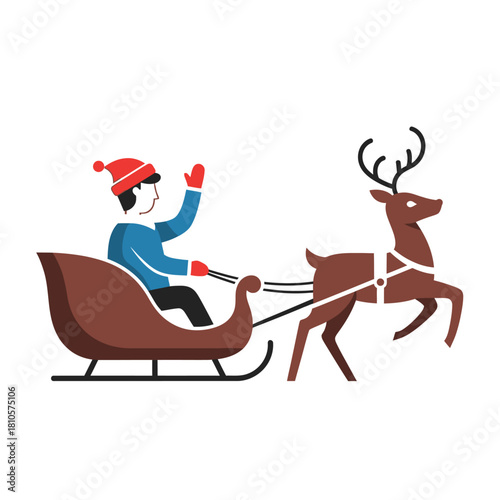 A person in a Santa hat riding in a sleigh pulled by a reindeer.