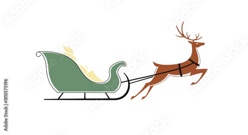 A brown reindeer with antlers pulling a green and yellow sleigh, depicted against a white background.