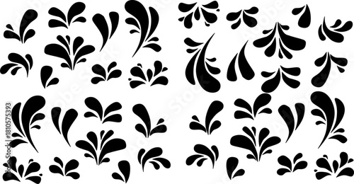 Seamless pattern of black decorative splash shapes on a white background, featuring elegant abstract droplets and flourishes perfect for design, textiles, and creative projects.
