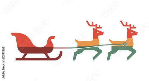 A stylized illustration of Santa's sleigh being pulled by two reindeer against a white background.