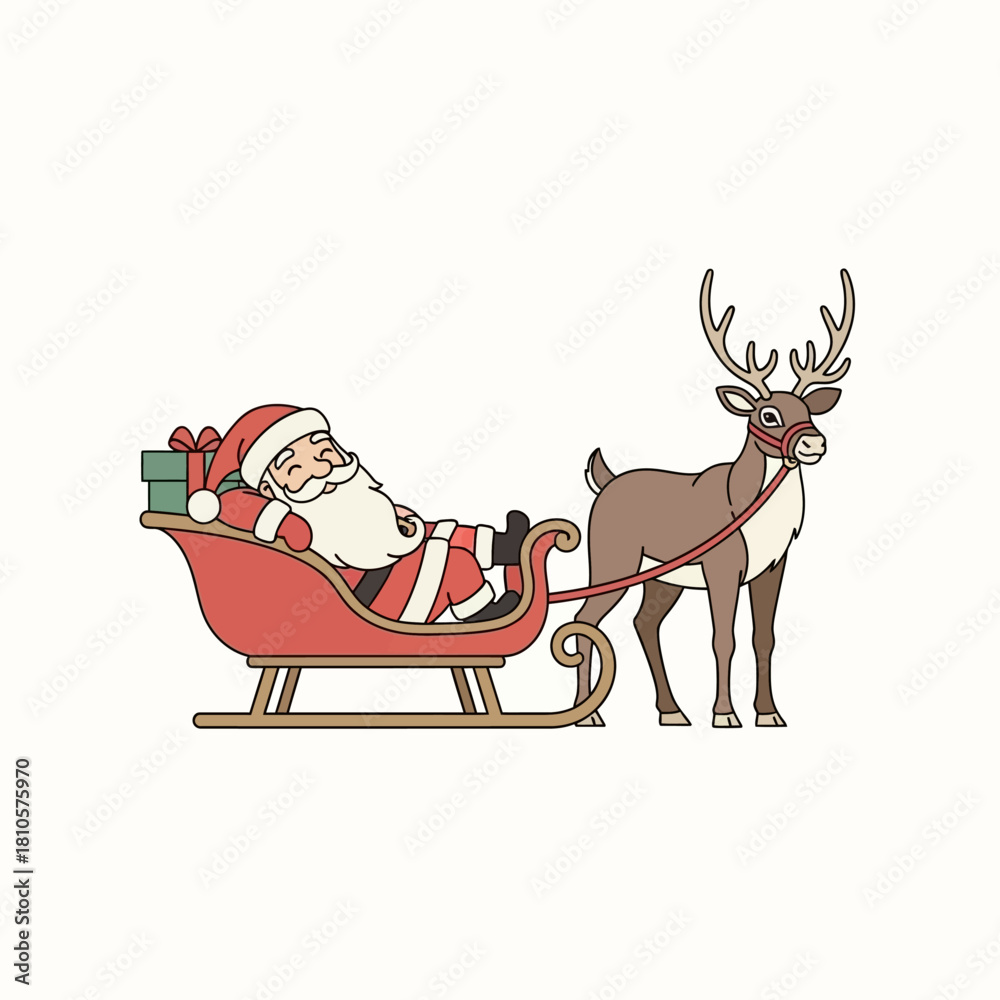 Fototapeta premium Santa Claus sleeping in a sleigh pulled by a reindeer, with gifts.