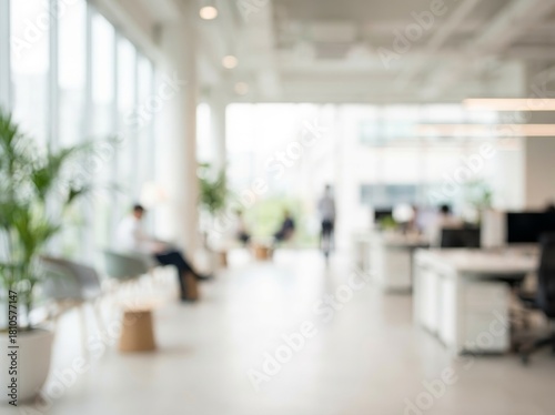 Abstract Modern Coworking Office Interior Background, Blurry Workspace with Minimalist Design, Contemporary Furniture, and Professional Elegant Atmosphere. Copy Space